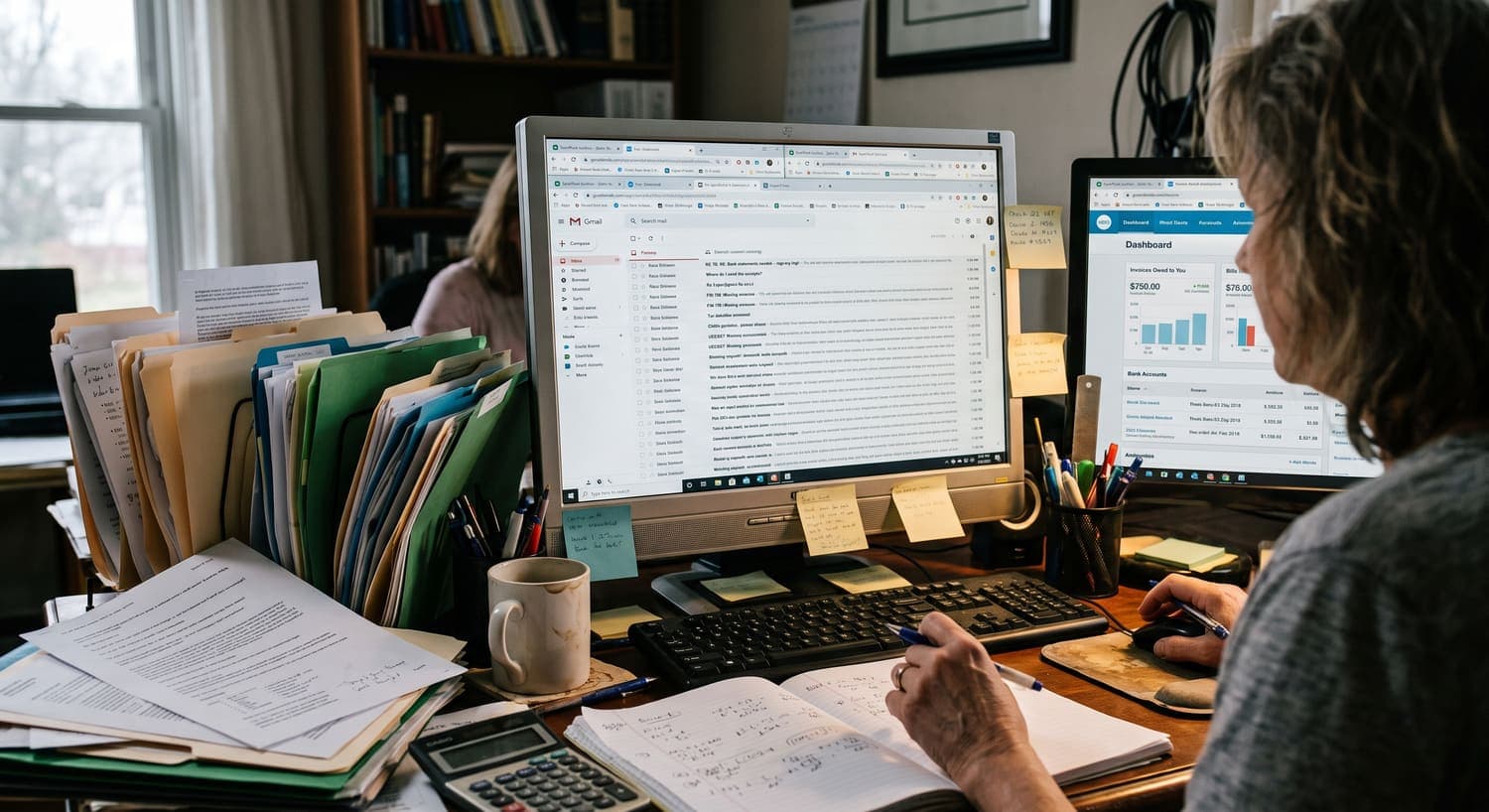 A cluttered home office desk with an email client and accounting dashboard open