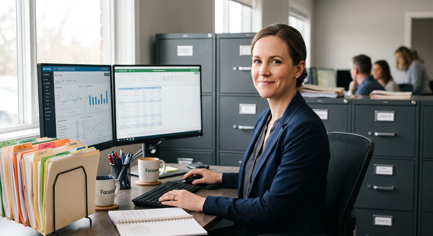 A freelancer at a desk surrounded by client folders and spreadsheets